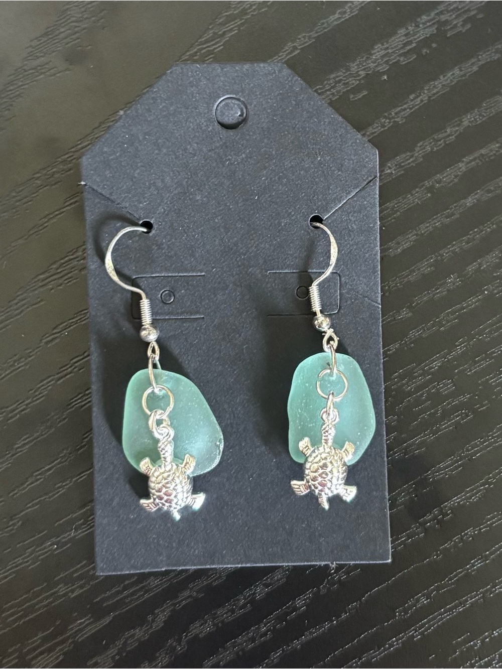 Sterling Silver Sea Glass Turtle Drop Earrings - Aqua Green